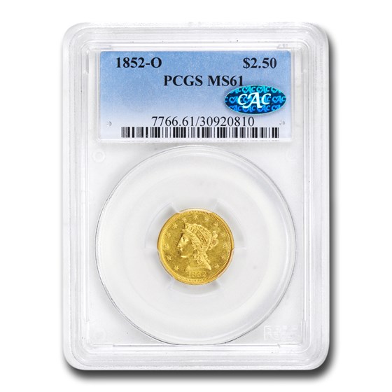 1852-O $2.50 Liberty Gold Quarter Eagle MS-61 PCGS CAC 1852-O $2.50 Liberty Gold Quarter Eagle MS-61 PCGS CAC